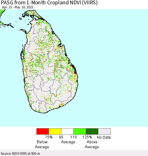 Sri Lanka PASG from 1-Month Cropland NDVI (VIIRS) Thematic Map For 5/9/2023 - 5/16/2023