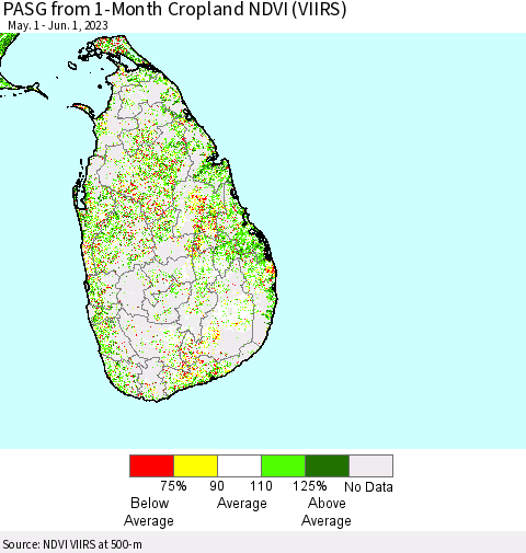 Sri Lanka PASG from 1-Month Cropland NDVI (VIIRS) Thematic Map For 5/25/2023 - 6/1/2023