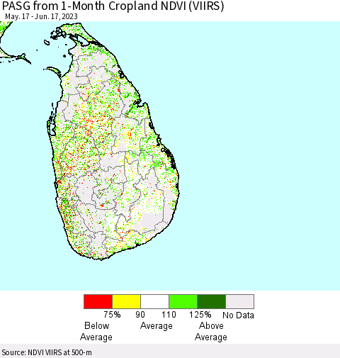Sri Lanka PASG from 1-Month Cropland NDVI (VIIRS) Thematic Map For 6/10/2023 - 6/17/2023