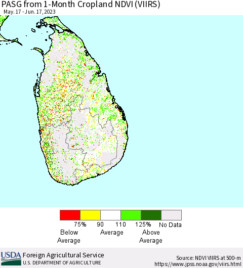Sri Lanka PASG from 1-Month Cropland NDVI (VIIRS) Thematic Map For 6/11/2023 - 6/20/2023
