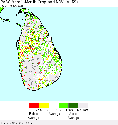 Sri Lanka PASG from 1-Month Cropland NDVI (VIIRS) Thematic Map For 7/28/2023 - 8/4/2023