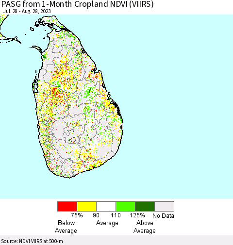 Sri Lanka PASG from 1-Month Cropland NDVI (VIIRS) Thematic Map For 8/21/2023 - 8/28/2023