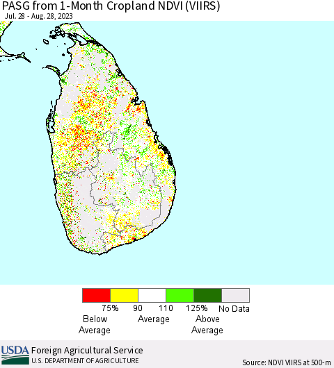 Sri Lanka PASG from 1-Month Cropland NDVI (VIIRS) Thematic Map For 8/21/2023 - 8/31/2023