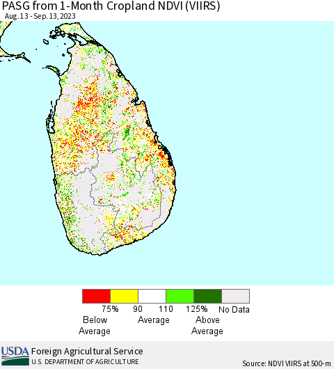 Sri Lanka PASG from 1-Month Cropland NDVI (VIIRS) Thematic Map For 9/11/2023 - 9/20/2023