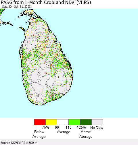 Sri Lanka PASG from 1-Month Cropland NDVI (VIIRS) Thematic Map For 10/21/2023 - 10/31/2023