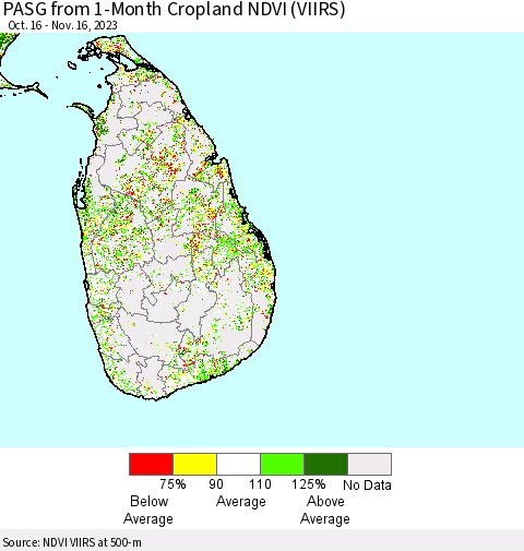 Sri Lanka PASG from 1-Month Cropland NDVI (VIIRS) Thematic Map For 11/9/2023 - 11/16/2023