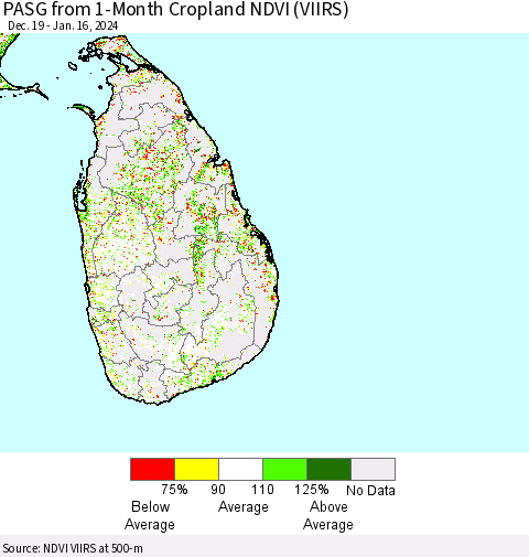 Sri Lanka PASG from 1-Month Cropland NDVI (VIIRS) Thematic Map For 1/9/2024 - 1/16/2024