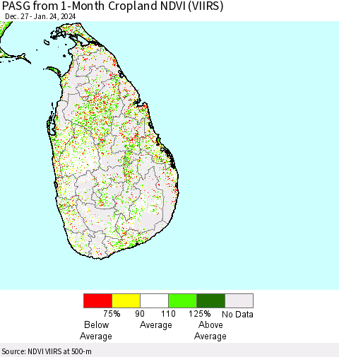Sri Lanka PASG from 1-Month Cropland NDVI (VIIRS) Thematic Map For 1/17/2024 - 1/24/2024