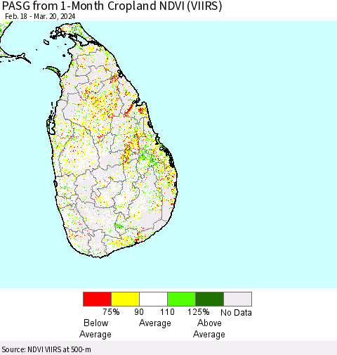 Sri Lanka PASG from 1-Month Cropland NDVI (VIIRS) Thematic Map For 3/13/2024 - 3/20/2024