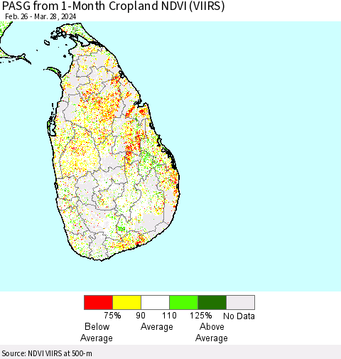 Sri Lanka PASG from 1-Month Cropland NDVI (VIIRS) Thematic Map For 3/21/2024 - 3/28/2024