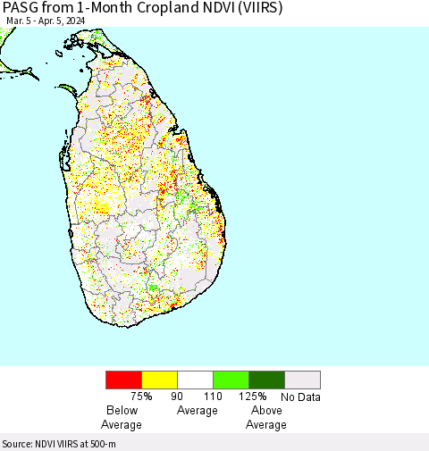 Sri Lanka PASG from 1-Month Cropland NDVI (VIIRS) Thematic Map For 3/29/2024 - 4/5/2024