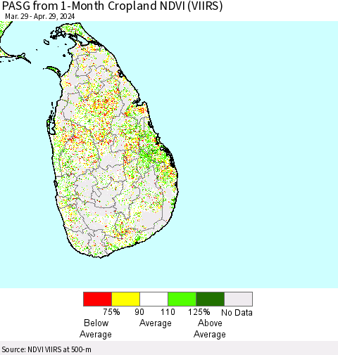 Sri Lanka PASG from 1-Month Cropland NDVI (VIIRS) Thematic Map For 4/22/2024 - 4/29/2024