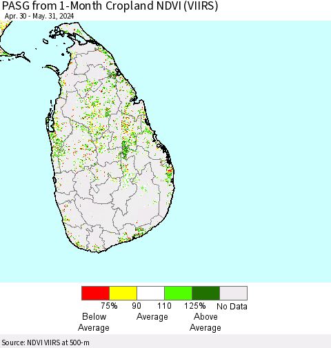 Sri Lanka PASG from 1-Month Cropland NDVI (VIIRS) Thematic Map For 5/24/2024 - 5/31/2024