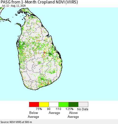 Sri Lanka PASG from 1-Month Cropland NDVI (VIIRS) Thematic Map For 8/4/2024 - 8/11/2024