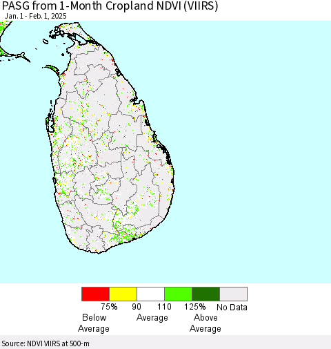 Sri Lanka PASG from 1-Month Cropland NDVI (VIIRS) Thematic Map For 1/25/2025 - 2/1/2025
