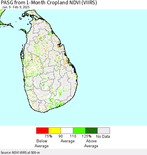 Sri Lanka PASG from 1-Month Cropland NDVI (VIIRS) Thematic Map For 2/2/2025 - 2/9/2025