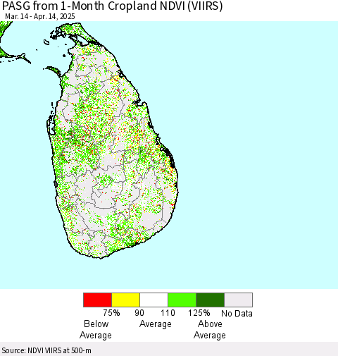 Sri Lanka PASG from 1-Month Cropland NDVI (VIIRS) Thematic Map For 4/7/2025 - 4/14/2025