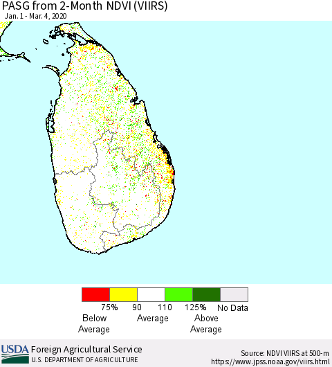 Sri Lanka PASG from 2-Month NDVI (VIIRS) Thematic Map For 3/1/2020 - 3/10/2020