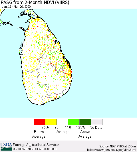 Sri Lanka PASG from 2-Month NDVI (VIIRS) Thematic Map For 3/11/2020 - 3/20/2020
