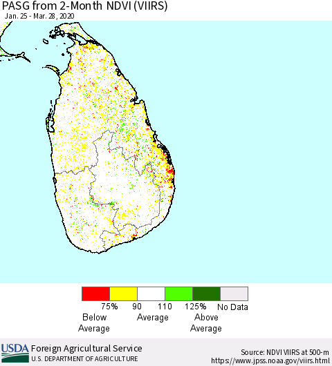 Sri Lanka PASG from 2-Month NDVI (VIIRS) Thematic Map For 3/21/2020 - 3/31/2020