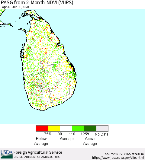 Sri Lanka PASG from 2-Month NDVI (VIIRS) Thematic Map For 6/1/2020 - 6/10/2020