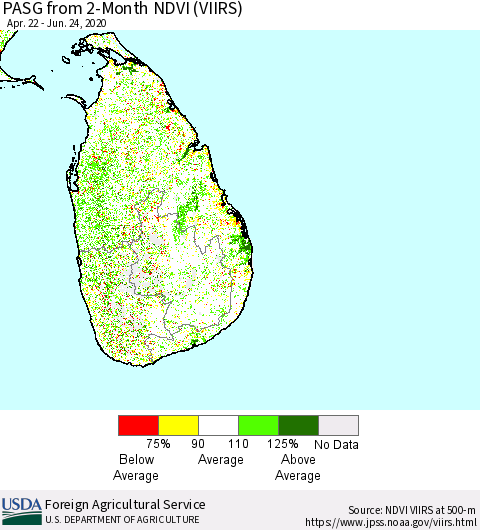 Sri Lanka PASG from 2-Month NDVI (VIIRS) Thematic Map For 6/21/2020 - 6/30/2020
