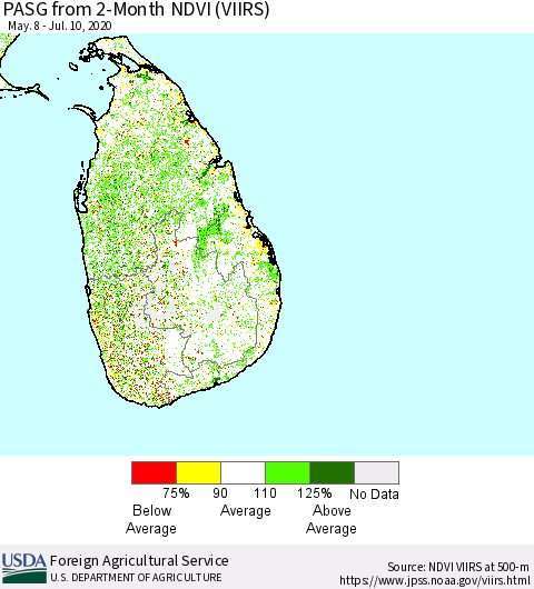 Sri Lanka PASG from 2-Month NDVI (VIIRS) Thematic Map For 7/1/2020 - 7/10/2020