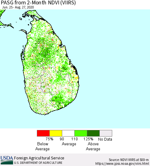 Sri Lanka PASG from 2-Month NDVI (VIIRS) Thematic Map For 8/21/2020 - 8/31/2020
