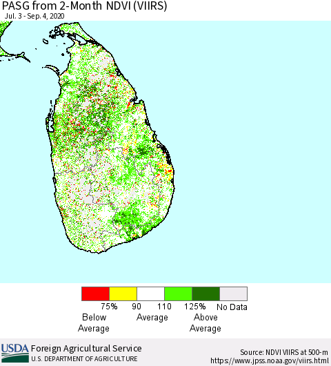 Sri Lanka PASG from 2-Month NDVI (VIIRS) Thematic Map For 9/1/2020 - 9/10/2020