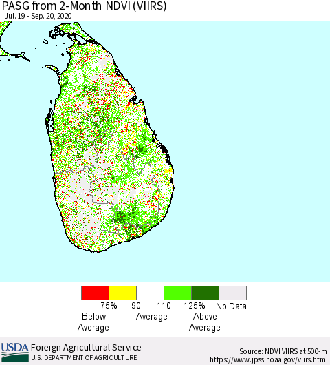 Sri Lanka PASG from 2-Month NDVI (VIIRS) Thematic Map For 9/11/2020 - 9/20/2020