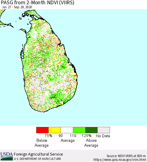Sri Lanka PASG from 2-Month NDVI (VIIRS) Thematic Map For 9/21/2020 - 9/30/2020