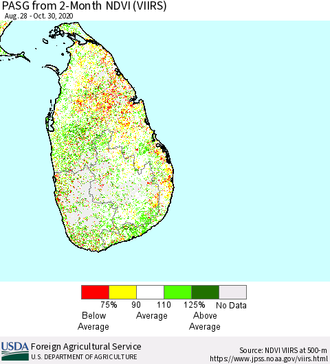 Sri Lanka PASG from 2-Month NDVI (VIIRS) Thematic Map For 10/21/2020 - 10/31/2020