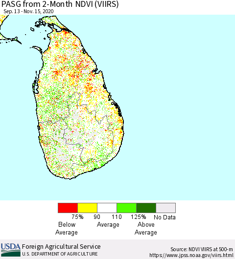 Sri Lanka PASG from 2-Month NDVI (VIIRS) Thematic Map For 11/11/2020 - 11/20/2020