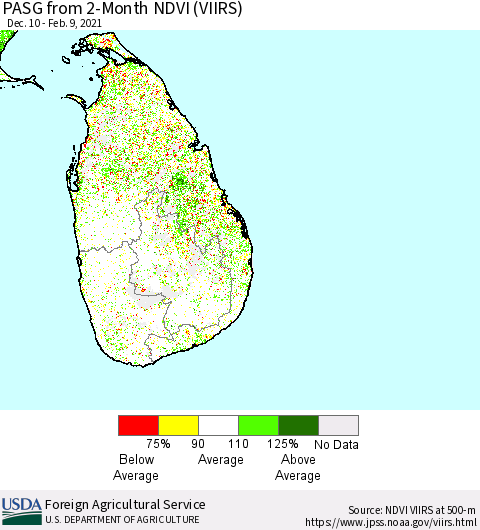 Sri Lanka PASG from 2-Month NDVI (VIIRS) Thematic Map For 2/1/2021 - 2/10/2021