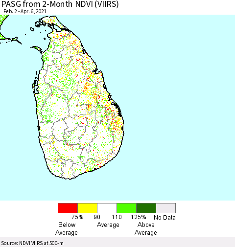 Sri Lanka PASG from 2-Month NDVI (VIIRS) Thematic Map For 3/30/2021 - 4/6/2021