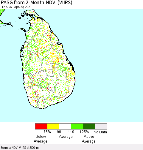 Sri Lanka PASG from 2-Month NDVI (VIIRS) Thematic Map For 4/21/2021 - 4/30/2021