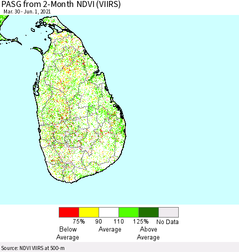 Sri Lanka PASG from 2-Month NDVI (VIIRS) Thematic Map For 5/25/2021 - 6/1/2021