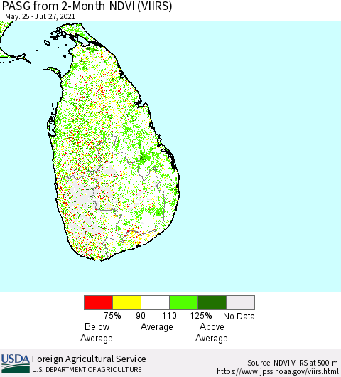 Sri Lanka PASG from 2-Month NDVI (VIIRS) Thematic Map For 7/21/2021 - 7/31/2021