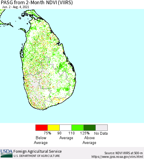Sri Lanka PASG from 2-Month NDVI (VIIRS) Thematic Map For 8/1/2021 - 8/10/2021