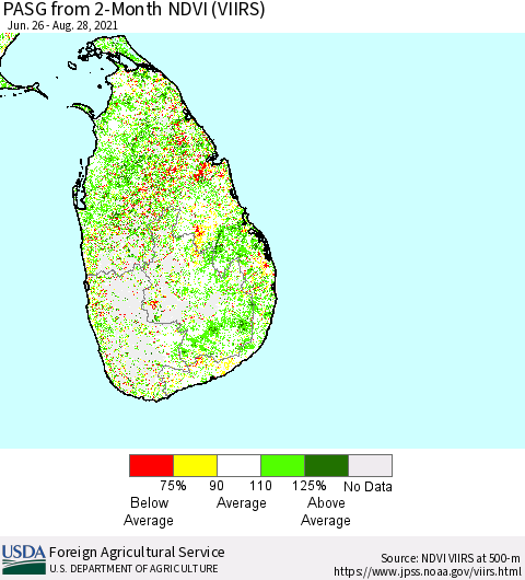 Sri Lanka PASG from 2-Month NDVI (VIIRS) Thematic Map For 8/21/2021 - 8/31/2021