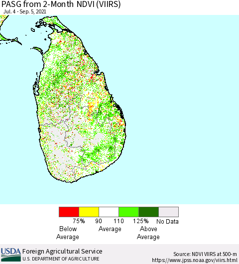 Sri Lanka PASG from 2-Month NDVI (VIIRS) Thematic Map For 9/1/2021 - 9/10/2021