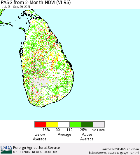 Sri Lanka PASG from 2-Month NDVI (VIIRS) Thematic Map For 9/21/2021 - 9/30/2021
