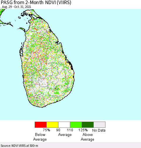 Sri Lanka PASG from 2-Month NDVI (VIIRS) Thematic Map For 10/21/2021 - 10/31/2021