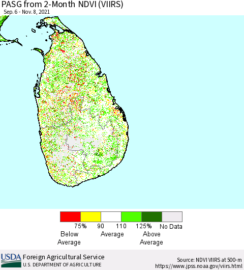 Sri Lanka PASG from 2-Month NDVI (VIIRS) Thematic Map For 11/1/2021 - 11/10/2021
