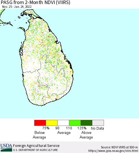 Sri Lanka PASG from 2-Month NDVI (VIIRS) Thematic Map For 1/21/2022 - 1/31/2022