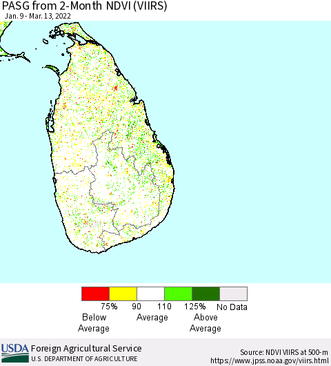 Sri Lanka PASG from 2-Month NDVI (VIIRS) Thematic Map For 3/11/2022 - 3/20/2022