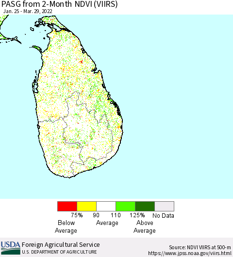 Sri Lanka PASG from 2-Month NDVI (VIIRS) Thematic Map For 3/21/2022 - 3/31/2022