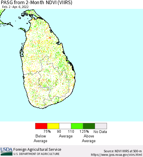 Sri Lanka PASG from 2-Month NDVI (VIIRS) Thematic Map For 4/1/2022 - 4/10/2022