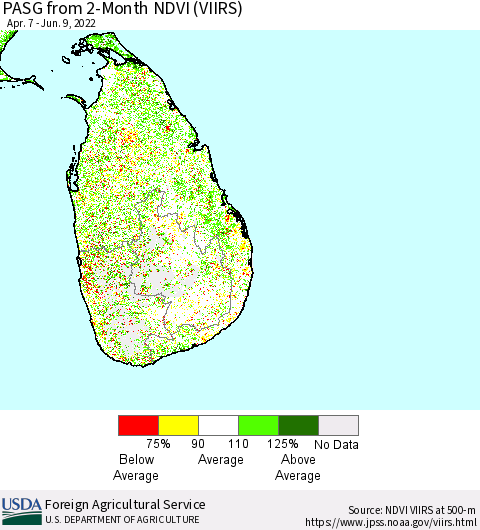 Sri Lanka PASG from 2-Month NDVI (VIIRS) Thematic Map For 6/1/2022 - 6/10/2022