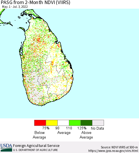 Sri Lanka PASG from 2-Month NDVI (VIIRS) Thematic Map For 7/1/2022 - 7/10/2022